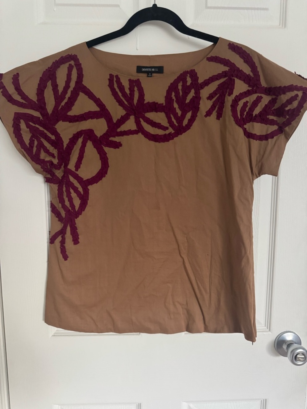 Lafayette 148 New York Tan Short-Sleeve Top with Maroon Floral Trim
